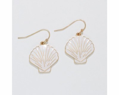 Gold Toned and White Enamel Scallop Shell Earrings