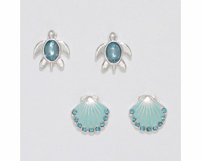 Set of Two Silver Toned and Aqua Sea Turtle and Scallop Shell Earrings