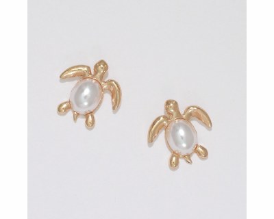 Gold Toned Pearl Sea Turtle Earrings
