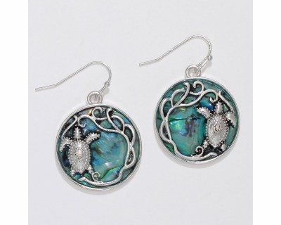Silver Toned and Abalone Sea Turtle Earrings