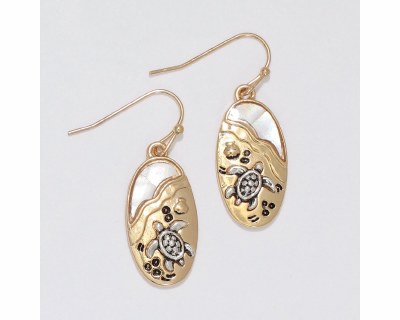 Silver and Gold Toned Sea Turtle and Mother of Pearl Earrings