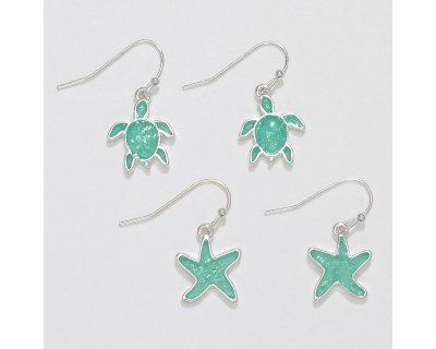 Set of Two Silver Toned and Aqua Sea Turtle and Starfish Earrings