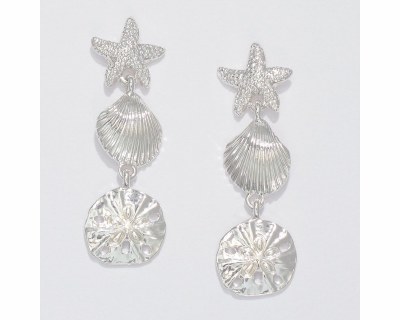 Silver Toned Starfish, Scallop Shell, and Sand Dollar Link Drop Earrings