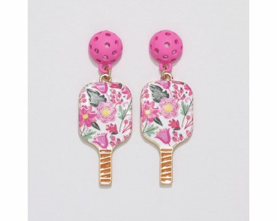 Gold Toned and Multicolor Pink Pickleball Paddle and Ball Dangle Earrings