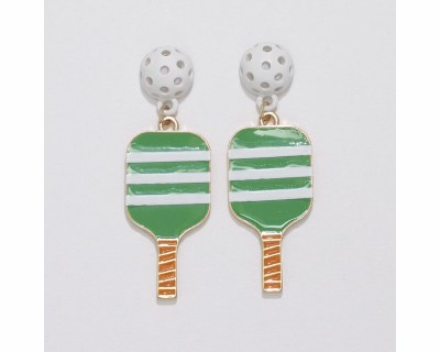 Gold Toned and Green Pickleball Paddle and Ball Dangle Earrings