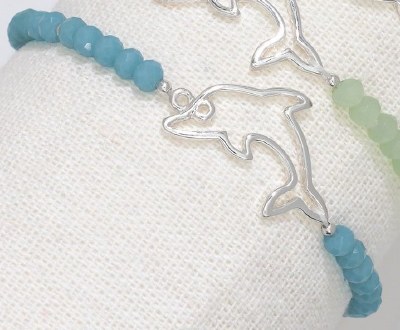 Dark Blue Beads and Silver Toned Dolphin Bracelet