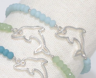 Light Blue Beads and Silver Toned Dolphin Bracelet