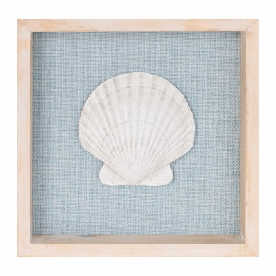 8" Sq White Scallop Shell on a Blue Background Coastal Framed Wall Art