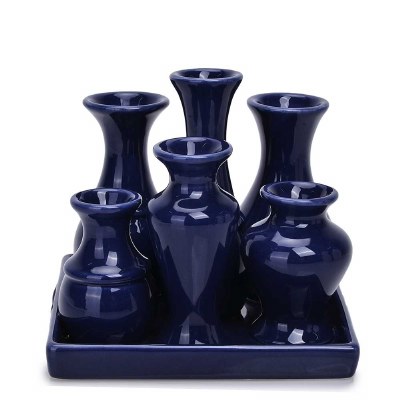 7" Sq Dark Blue Ceramic Tray With Six Vases