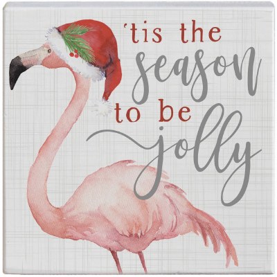 5" Sq "'Tis The Season to be Jolly" Coastal Christmas Flamingo Plaque