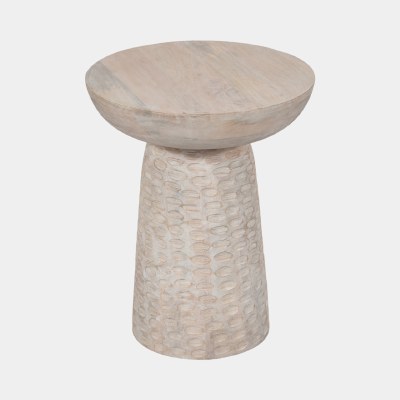 16" Round Whitewash Notch Base Wood End Table