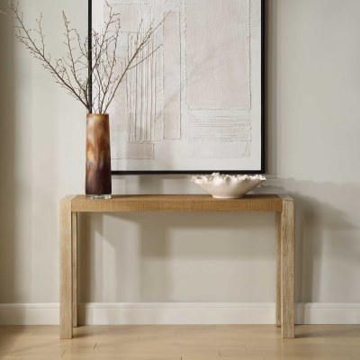 52" Whitewash and Brown Woven Top Wood Console Table