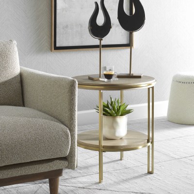 22" Round Whitewash and Brown Shelves and Distressed Bronze Legs End Table
