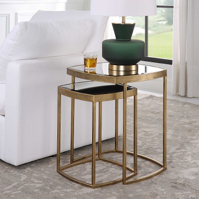 Set of Two 20" Distressed Bronze Legs and Mirror Top End Tables