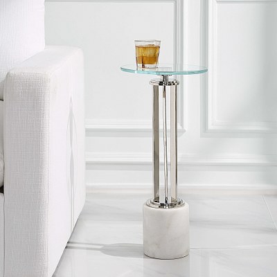 11" Round Silver and White Marble Base End Table With a Glass Top