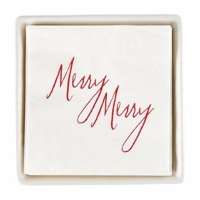 5.75" Square "Merry Merry" Beverage Napkins and Ceramic Napkin Holder Set