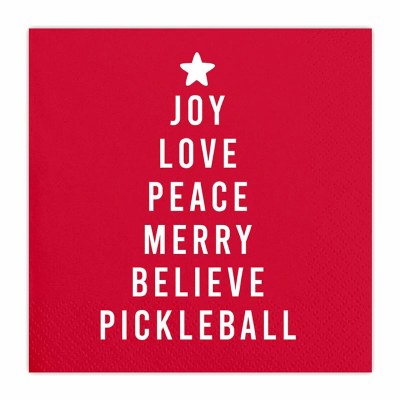 5" Square Red "Joy, Love, Peace, Merry, Believe, Pickleball" Pickleball Christmas Beverage Napkins