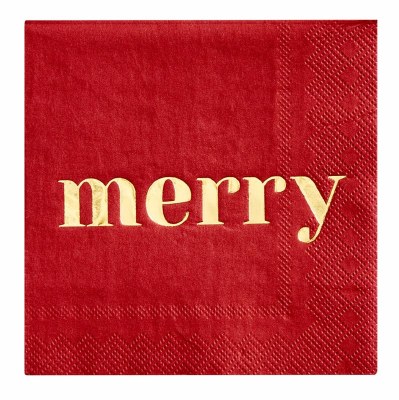 5" Square Red and Gold "Merry" Beverage Napkins