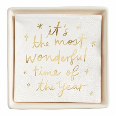 5.75" Square Gold "It's The Most Wonderful Time Of The Year" Beverage Napkins and Ceramic Napkin Holder Set