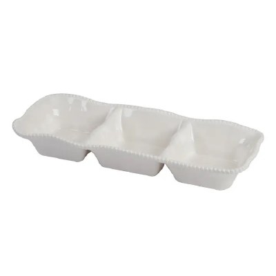 6" x 15" Cream Pearlette Melamine Three Comparment Dish