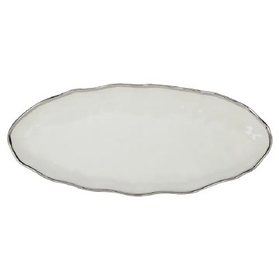 9" x 20" White and Silver Rim Ceramic Oval Platter