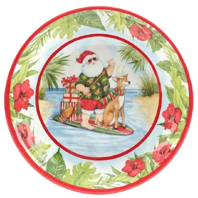 14" Round Santa on a Surfboard Melamine Coastal Christmas Low Bowl