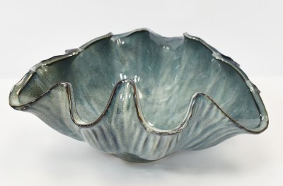 11" Round Blue Ceramic Ruffle Bowl