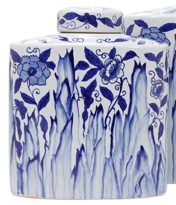 10" Blue and White Flower Vines Ceramic Jar