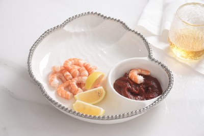 10" x 11" White and Silver Bead Rim Ceramic Conch Shell Chip and Dip Dish by Pampa Bay