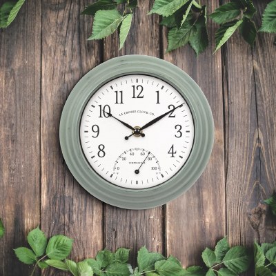 8" Round Green Indoor/Outdoor Wall Clock With a Thermometer