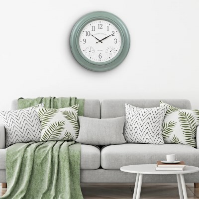 18" Round Green Indoor/Outdoor Wall Clock With Thermometer and Humidity Gauge