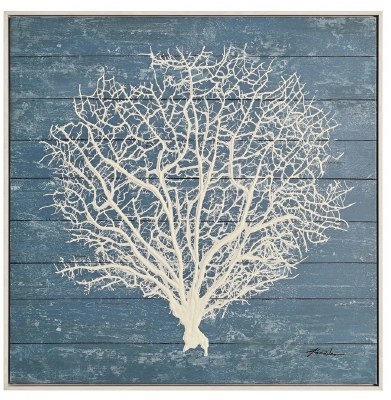 32" Sq Cream Seafan With a Signature Framed Coastal Canvas
