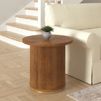 22" Round Brown and Bronze Wood Column End Table