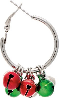 Silver Toned, Red, and Green Jingle Bell Christmas Hoop Earrings