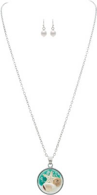 Silver Toned Sea Shells Under Acrylic Coastal Necklace and Earrings Set