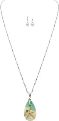 Silver Toned Starfish Under Acrylic Coastal Necklace and Earrings Set