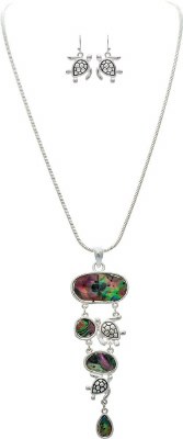 Silver Toned and Abalone Sea Turtle Coastal Necklace and Earrings Set