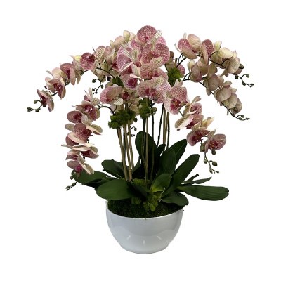 30" Eight Faux Pink Stripe Orchids in a White Plastic Bowl