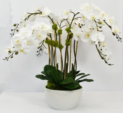30" Eight Faux White Orchids in a White Plastic Bowl