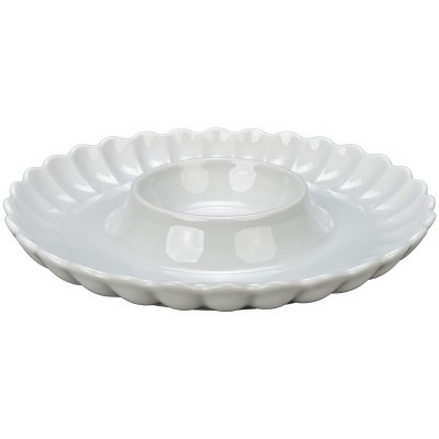 12" Round White Petal Design Ceramic Chip and Dip Dish