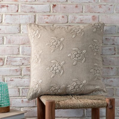 20" Sq Beige Embroidered Baby Sea Turtles Decorative Coastal Pillow