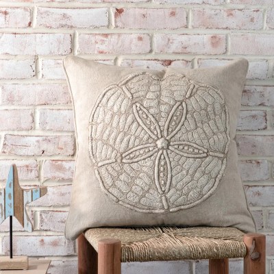 20" Sq Beige Embroidered Sand Dollar Decorative Coastal Pillow