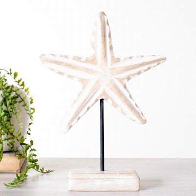 10" Whitewash Wood Starfish on a Stand Statue