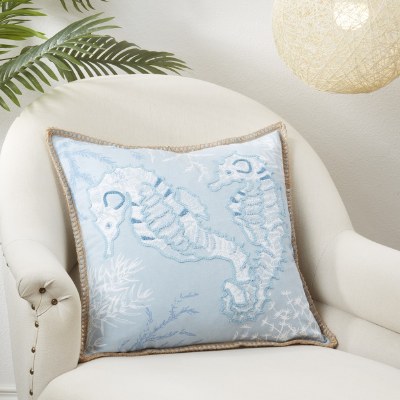 20" Sq Two Light Blue Seahorses Decorative Coastal Pillow