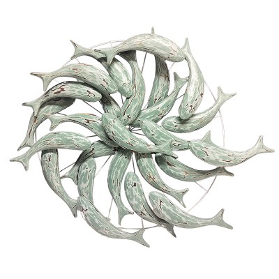 33" Round Distressed Green School of Fish Coastal Wall Art Plaque