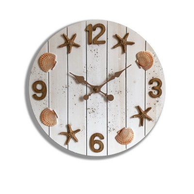 20" Round Distressed White and Brown Seashell Coastal Wall Clock