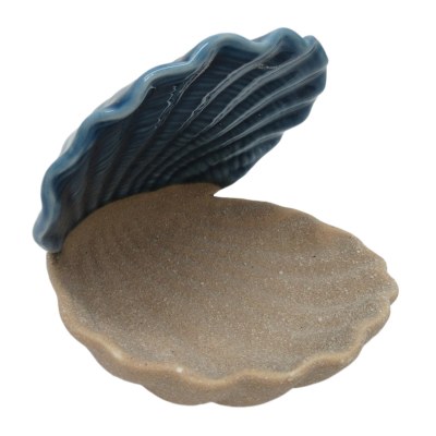 5" Blue and Sand Open Scallop Shell Ceramic Dish