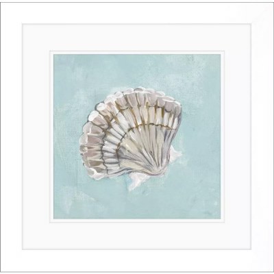 19" Sq Taupe Scallop Shell on a Turquoise Background Framed Coastal Print Under Glass