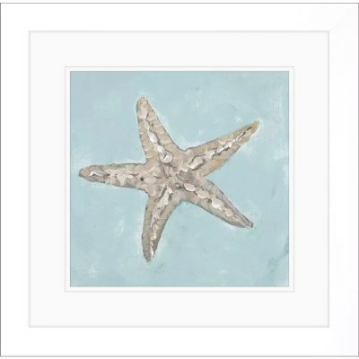 19" Sq Taupe Starfish on a Turquoise Background Framed Coastal Print Under Glass