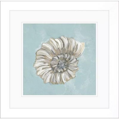 19" Sq Taupe Snail Shell on a Turquoise Background Framed Coastal Print Under Glass